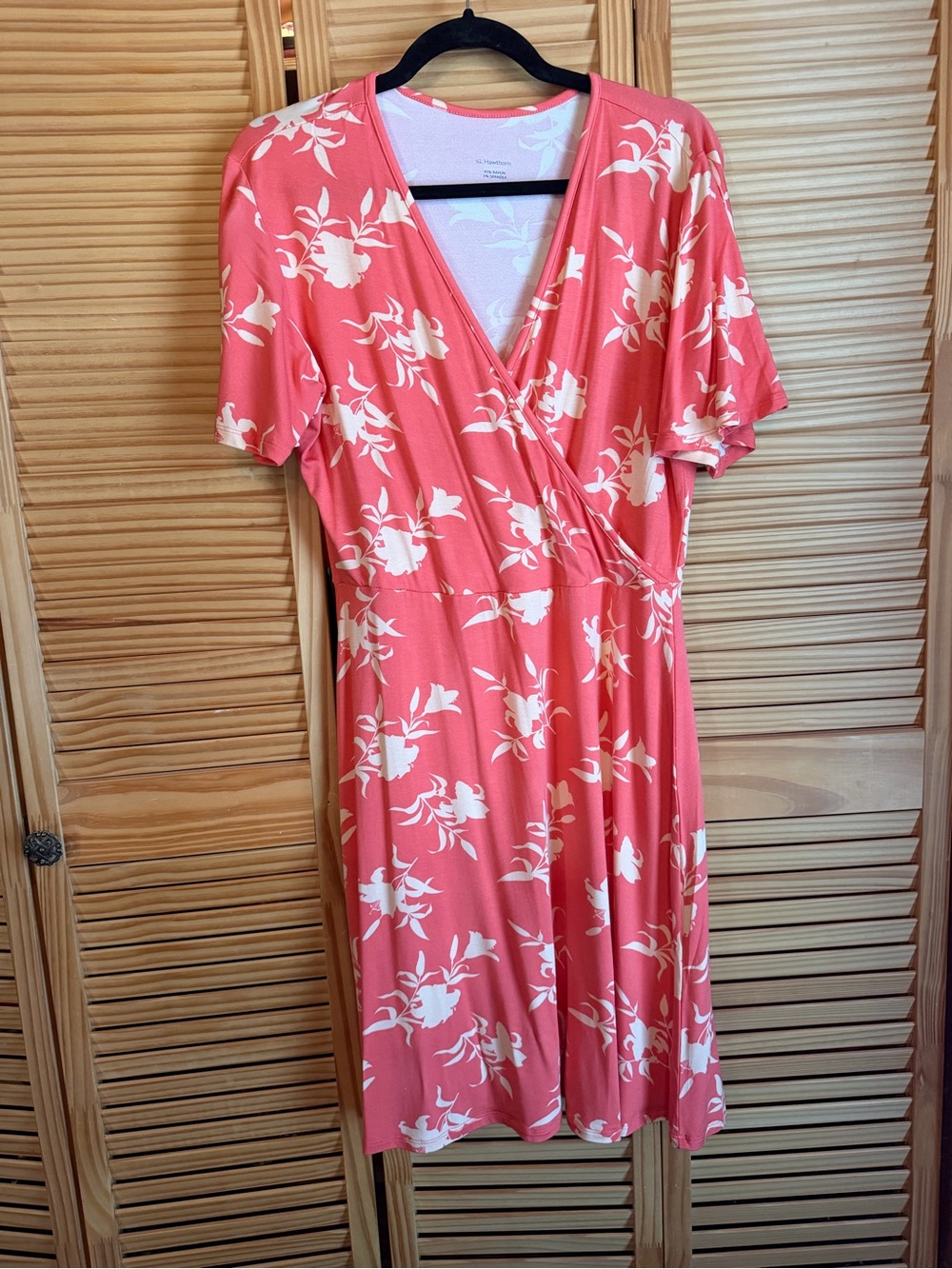 Coral Floral Faux-Wrap Midi Dress